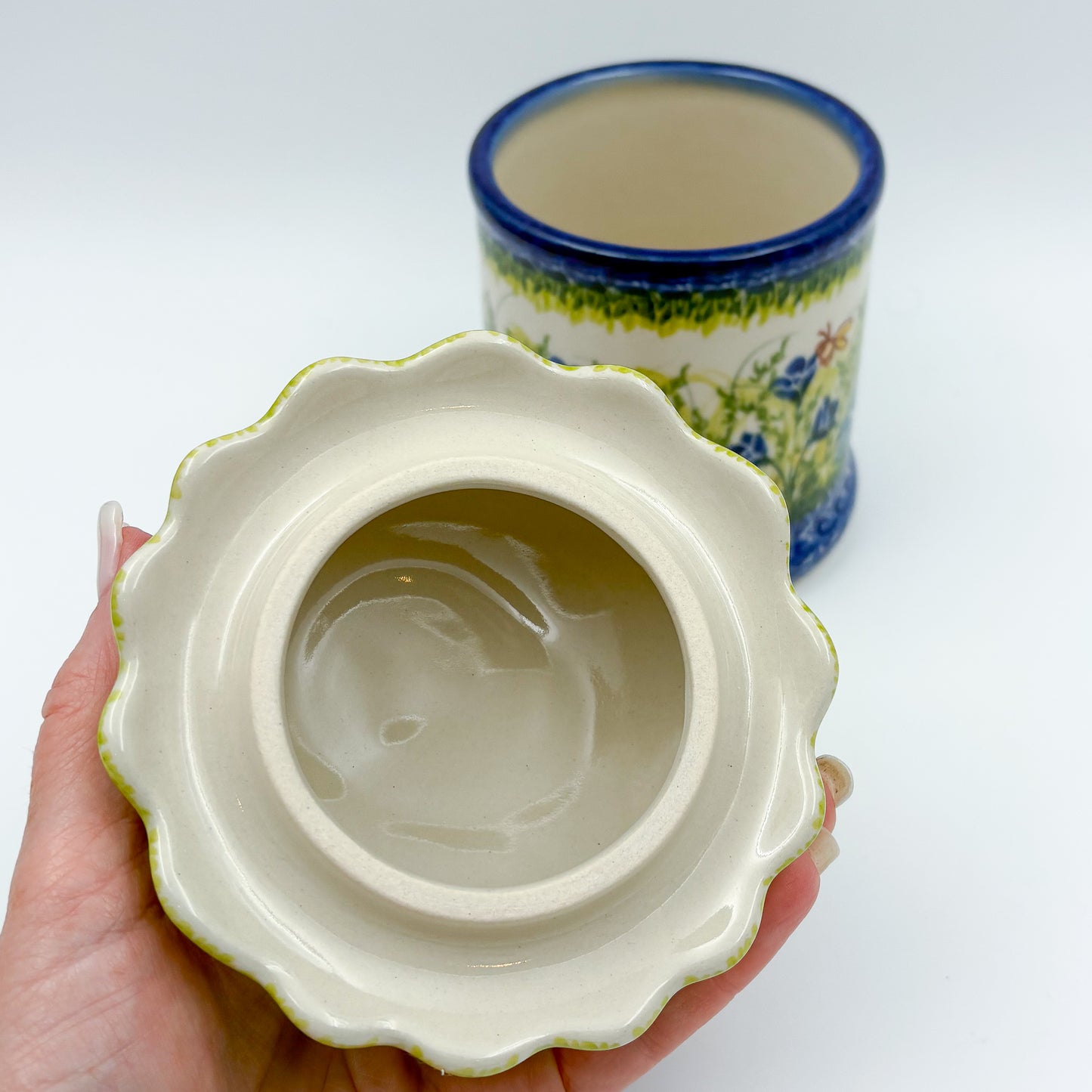 5" Container with Ruffled Lid Small.  Handmade Polish pottery.  UNIKAT Bluebell Meadow Design