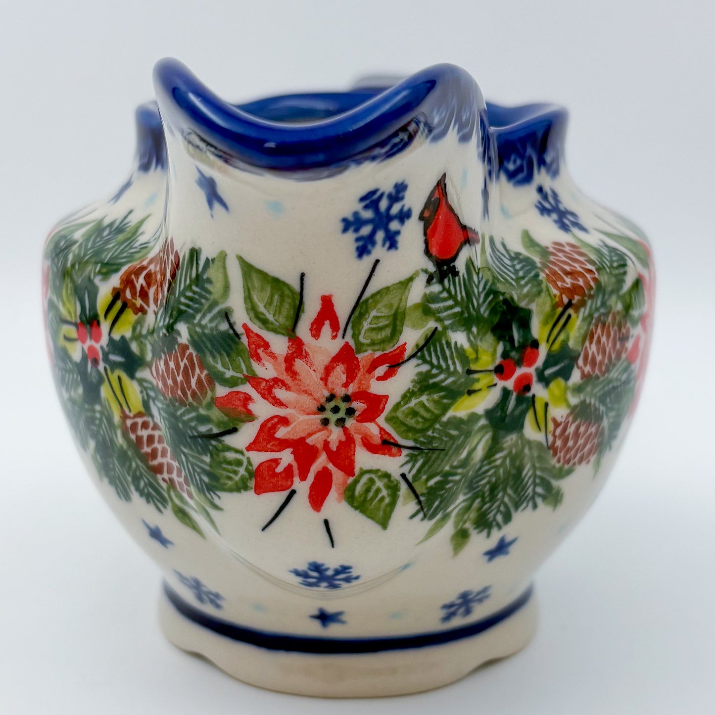 18 oz Loop Handle Gravy Dish.  Hand painted Polish pottery stoneware.  UNIKAT Cardinal Winter