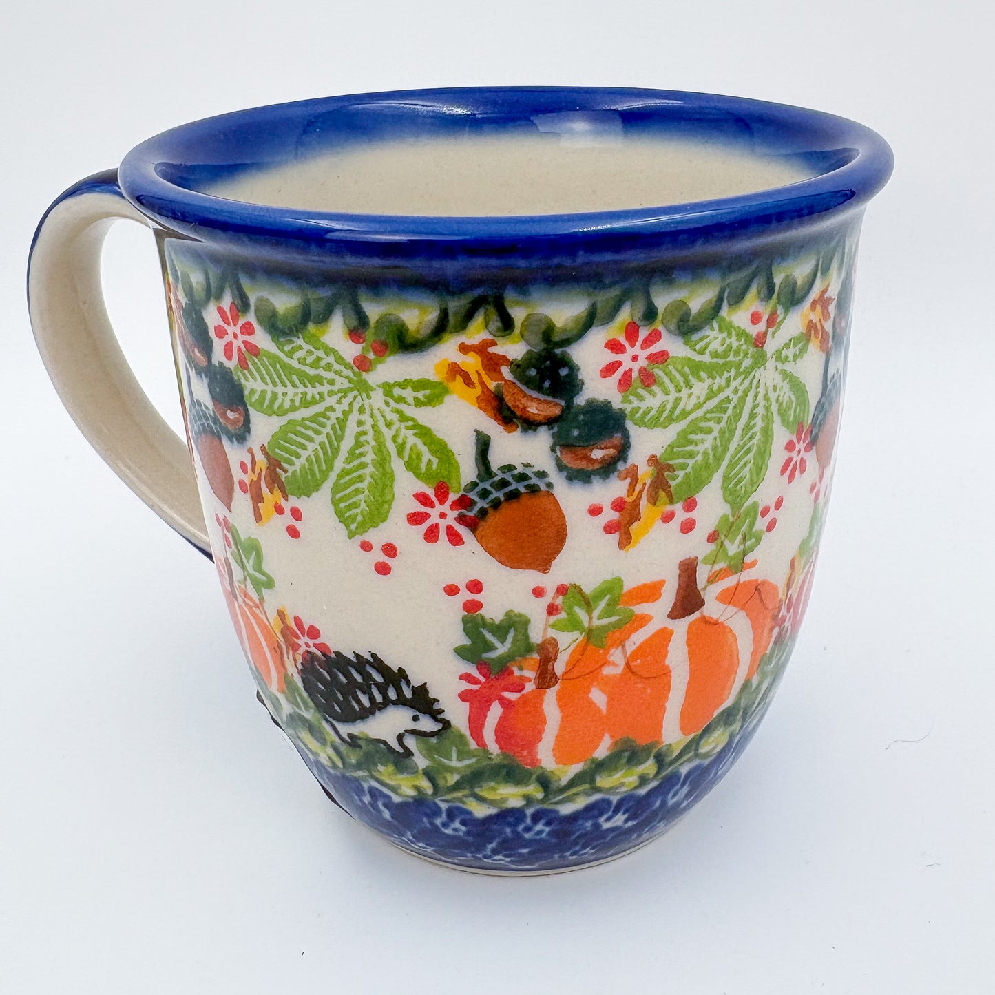 14 oz Viking Mug. Handcrafted Polish pottery stoneware:  UNIKAT Hedgehog and Pumpkins