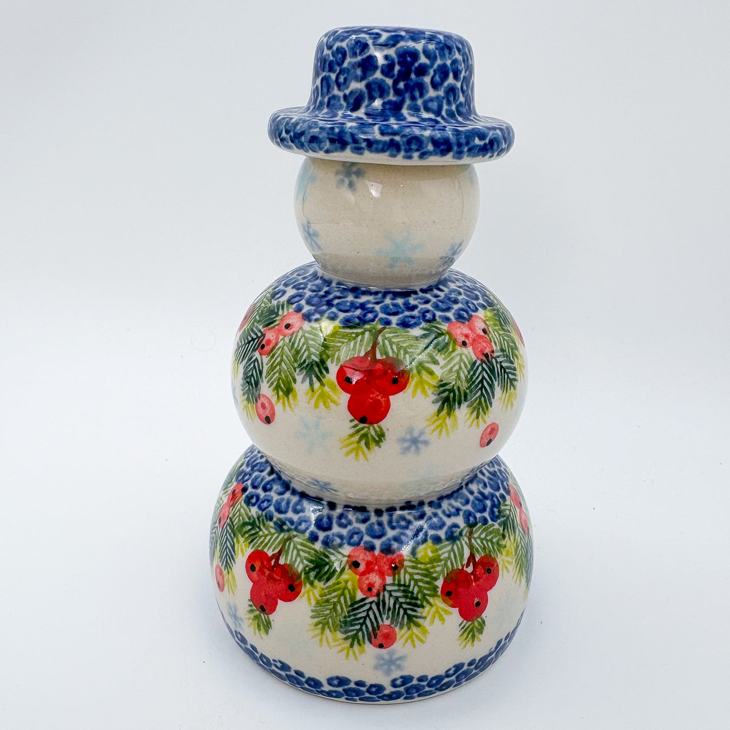 6" Snowman.  Handmade Polish pottery.  UNIKAT Red Berry Design