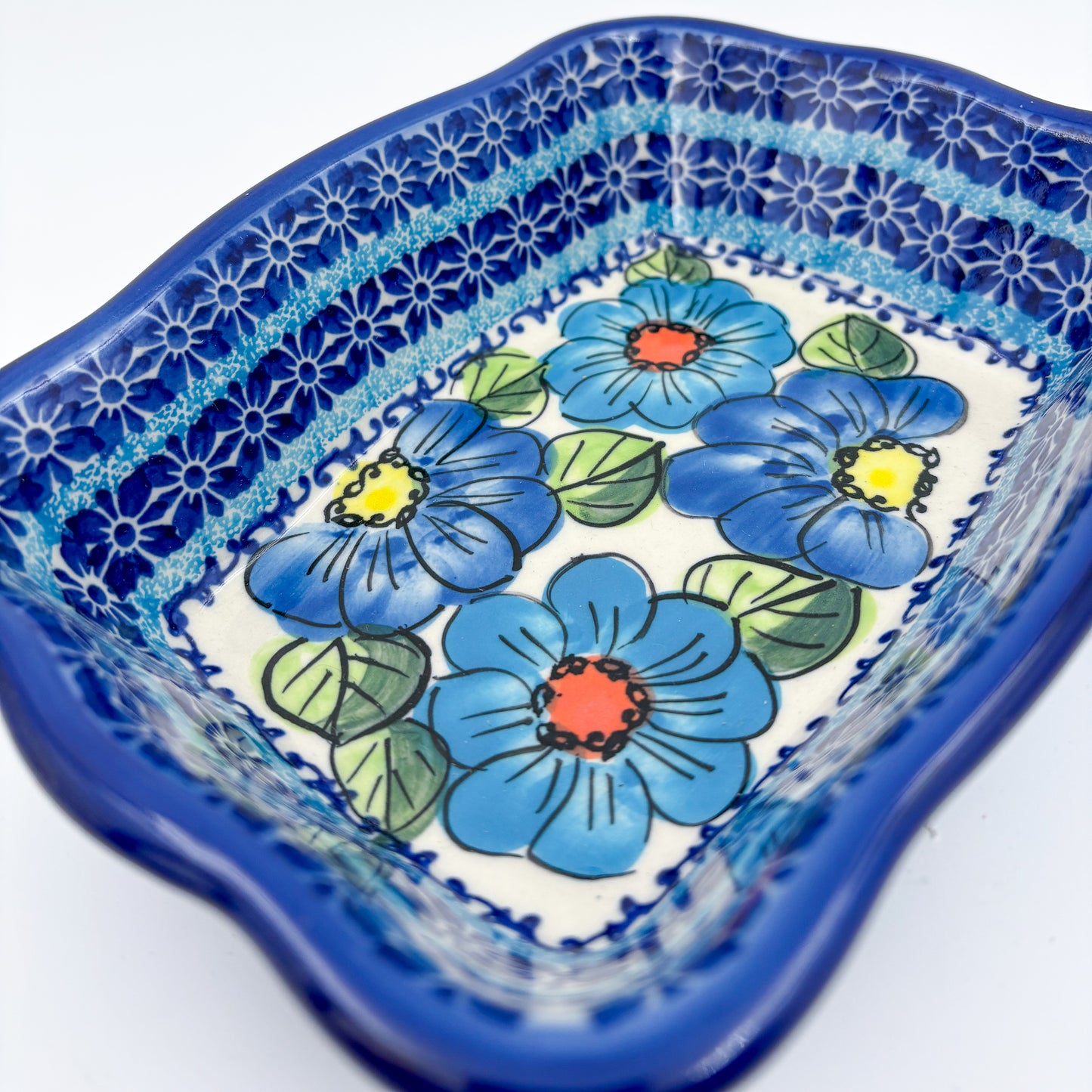 8” Baker Handmade in Poland.  UNIKAT Bold Blue Poppies Design