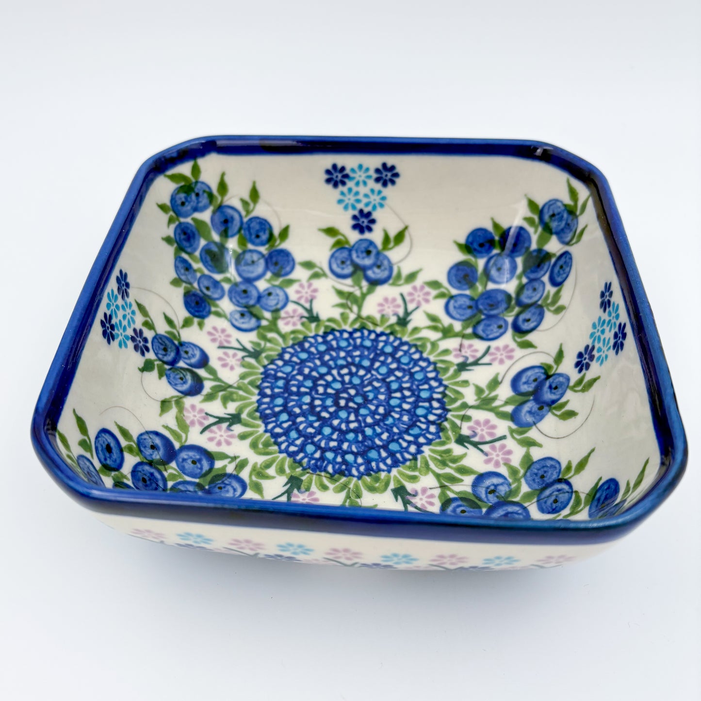 6” Square Bowl.  Hand crafted Polish pottery stoneware:   Unikat Blueberries