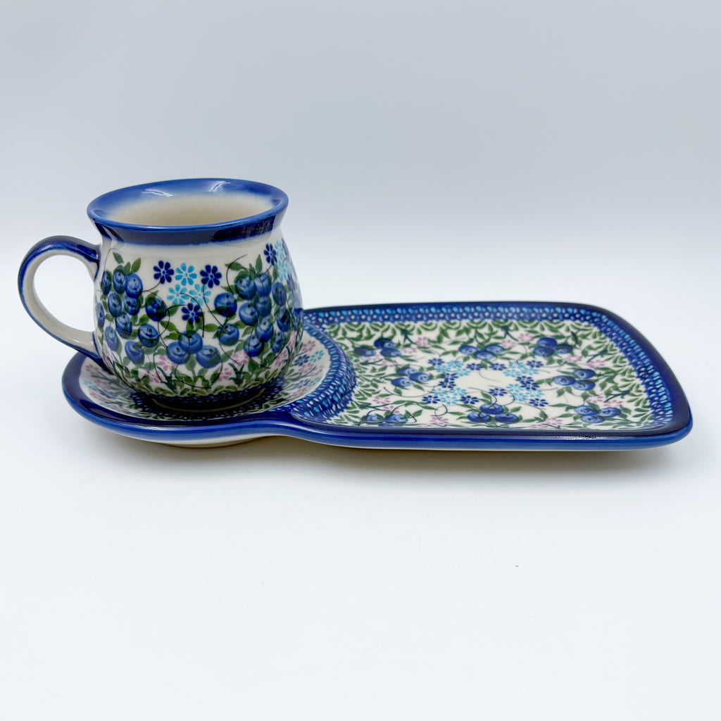 SET Bubble Mug 8 oz with Sandwich Plate . Handcrafted in Poland UNIKAT Blueberry