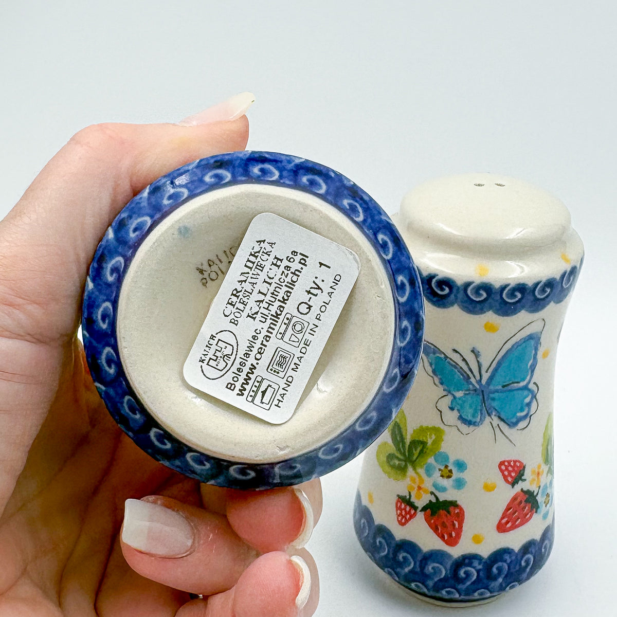 5” Salt and Pepper Shakers.  Handmade Polish pottery.  UNIKAT Strawberry Fields