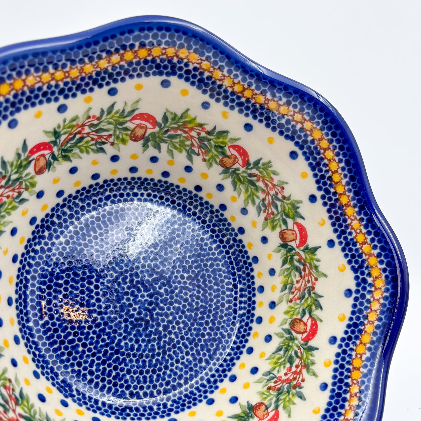 9” Wavy Bowl.  Hand crafted Polish pottery stoneware:  Mushroom Design