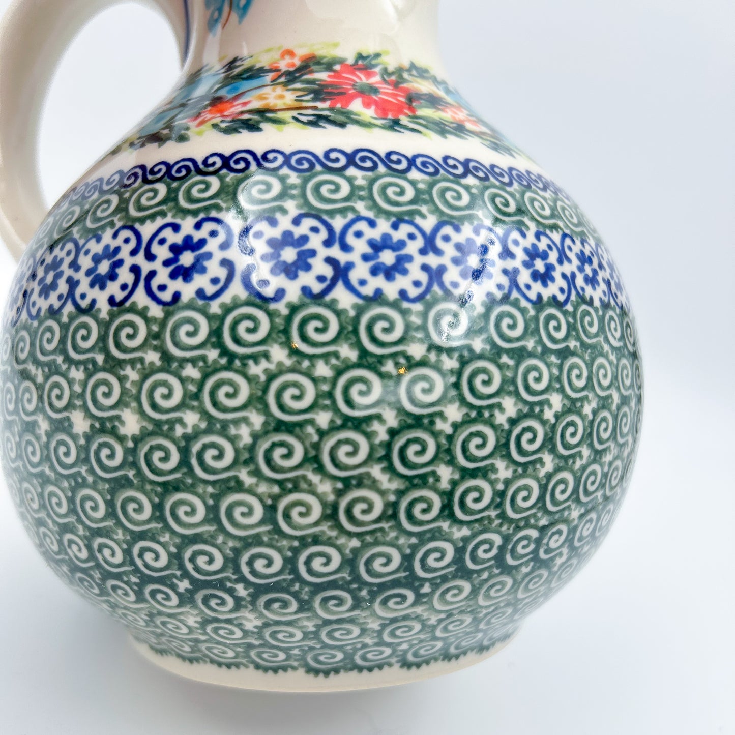 5 cup. Pitcher.  Hand painted Polish pottery stoneware.  UNIKAT Ring of Flowers