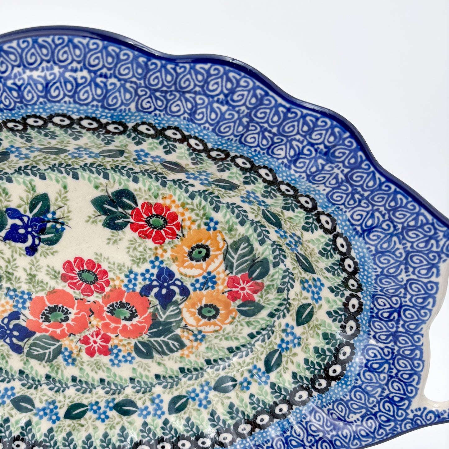 13" Platter with Handles handmade in Poland. Iris Meadow Design