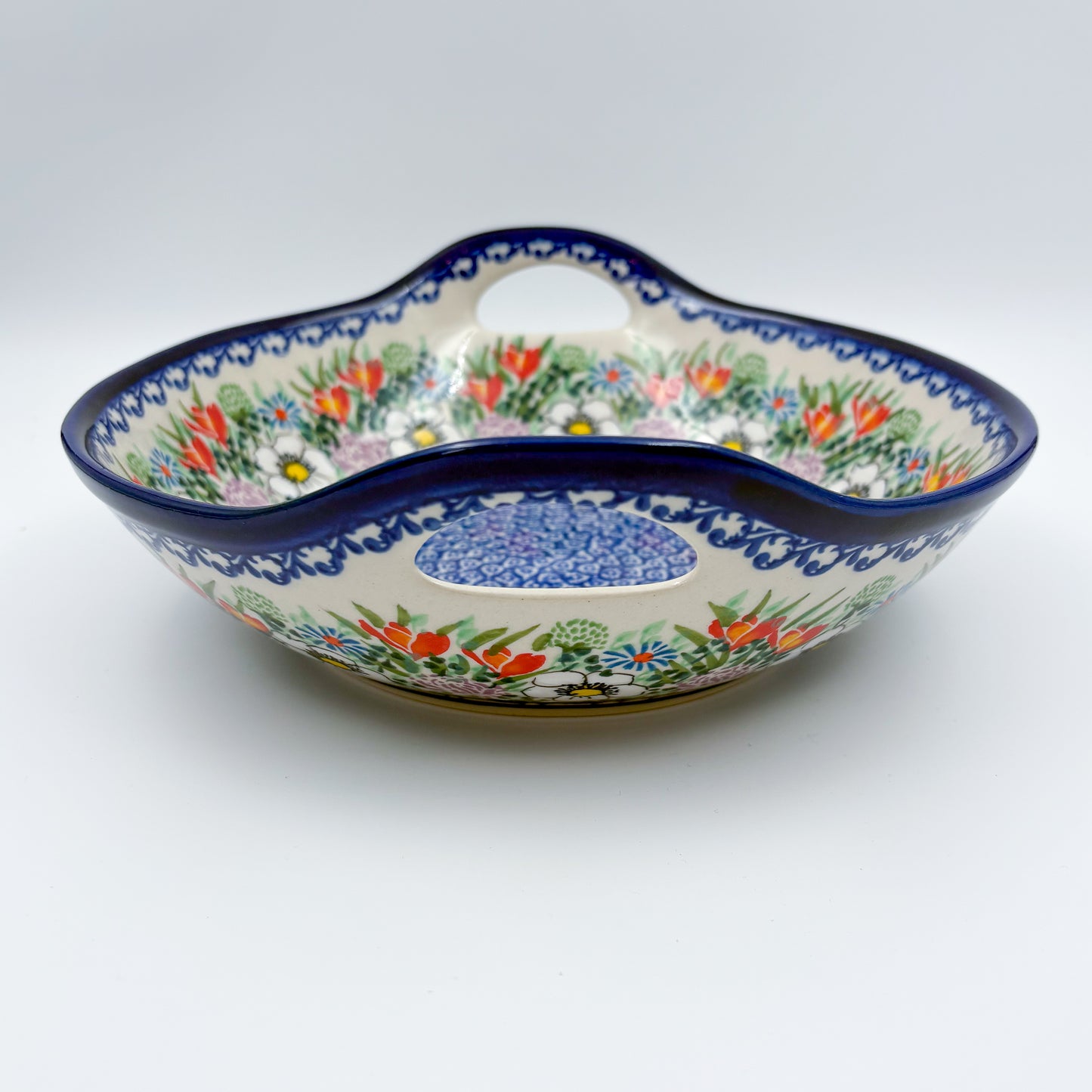 10" Bowl with Handles.  Hand crafted Polish pottery stoneware:  UNIKAT Cottage Garden