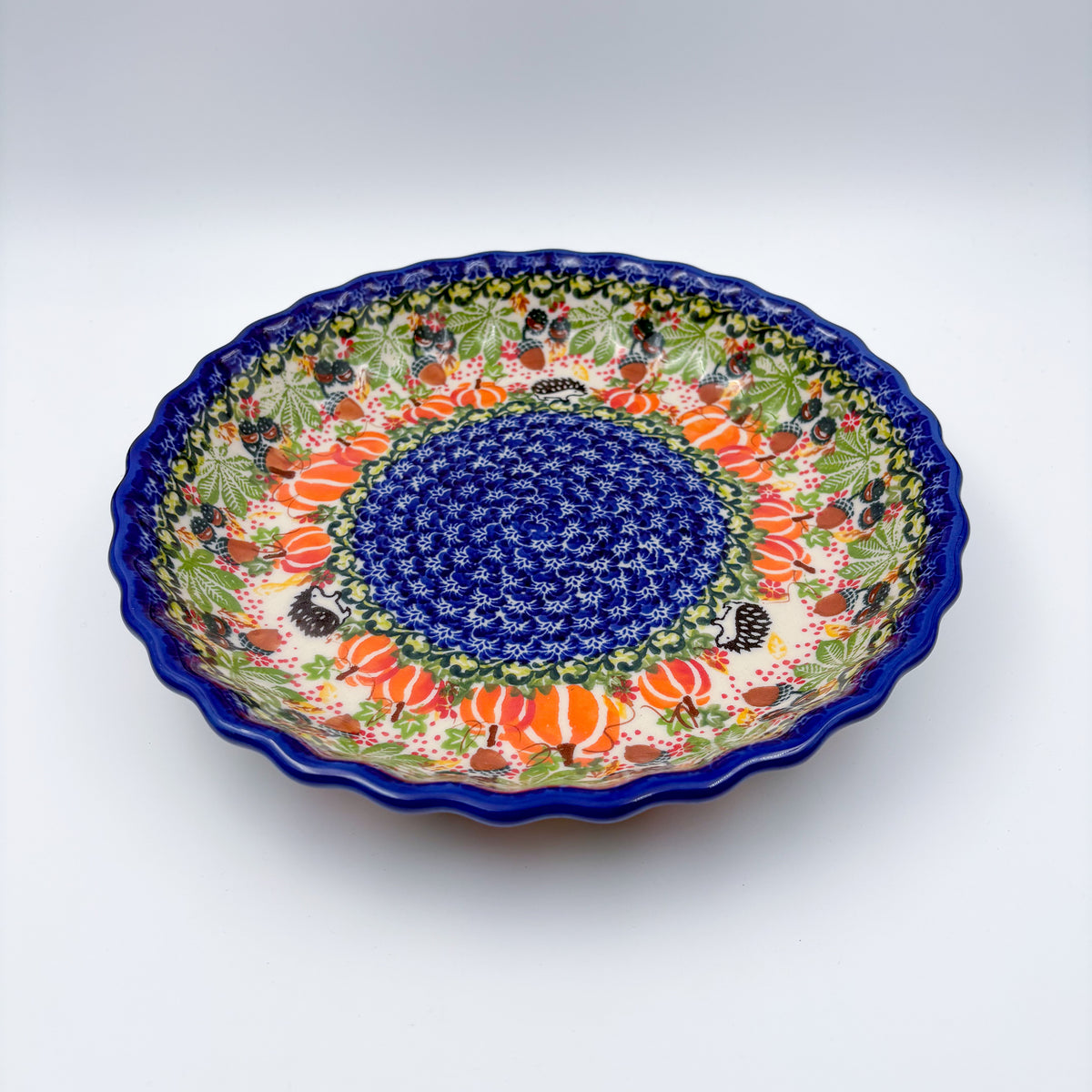 9.6” Pie Baker Handmade in Poland.  UNIKAT Hedgehog and Pumpkins Design
