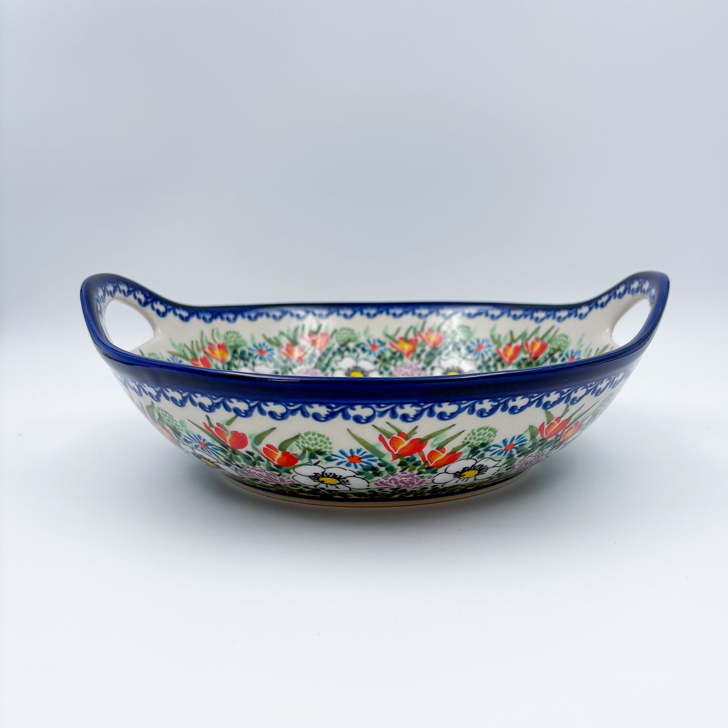 10" Bowl with Handles.  Hand crafted Polish pottery stoneware:  UNIKAT Cottage Garden
