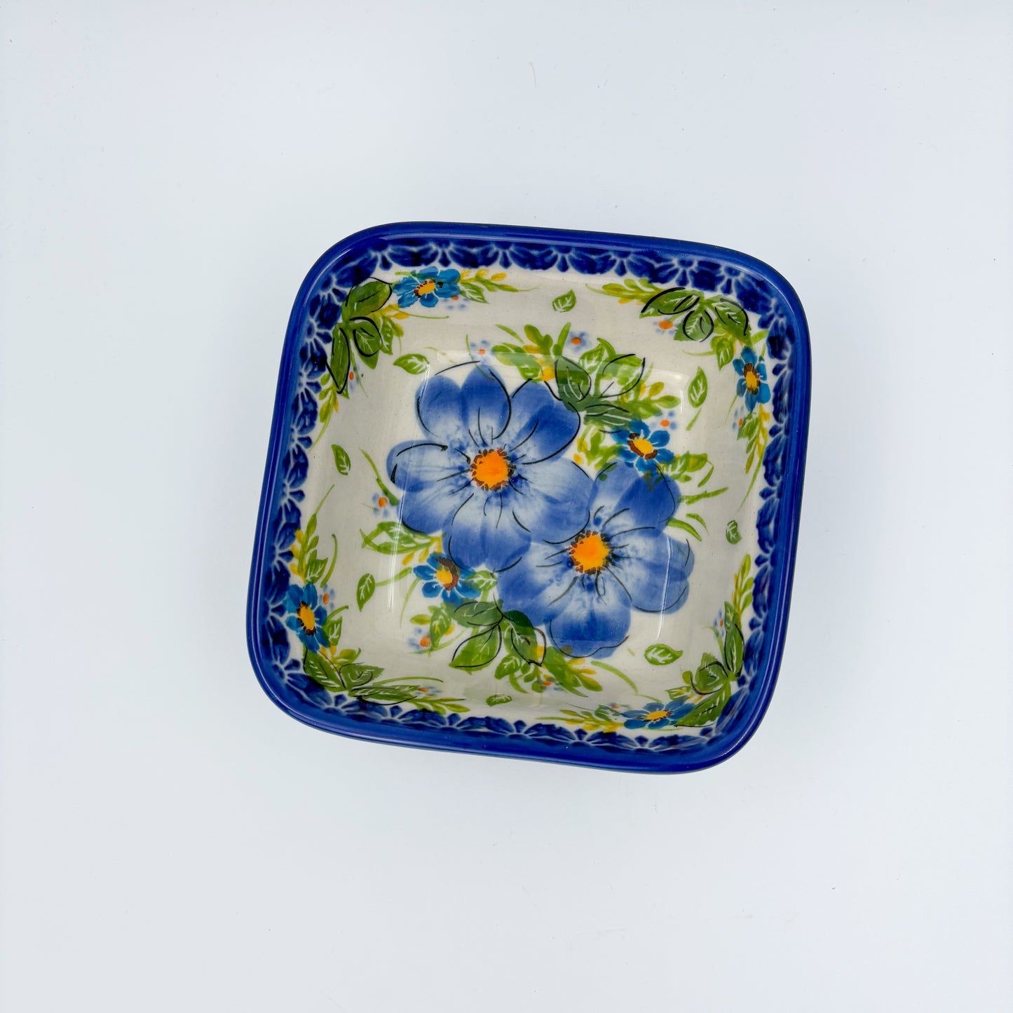 5” Square Bowl.  Hand crafted Polish pottery stoneware:   Unikat Blue Daisy
