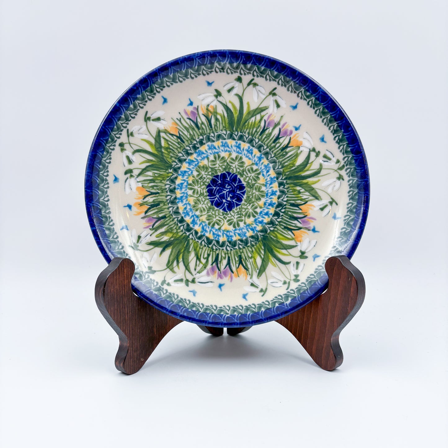 7.5” Plate.  Hand crafted Polish pottery stoneware: UNIKAT Snowdrop Garden