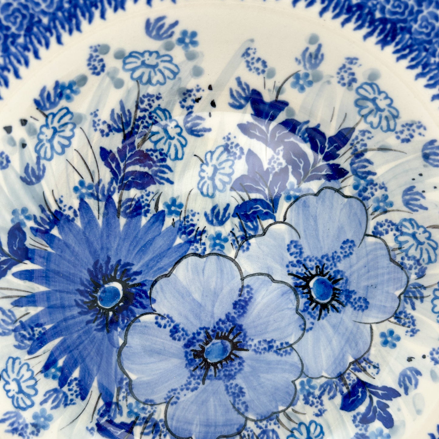 9” Pasta  Bowl.  Hand crafted Polish pottery stoneware: UNIKAT Blue Wildflower Patch