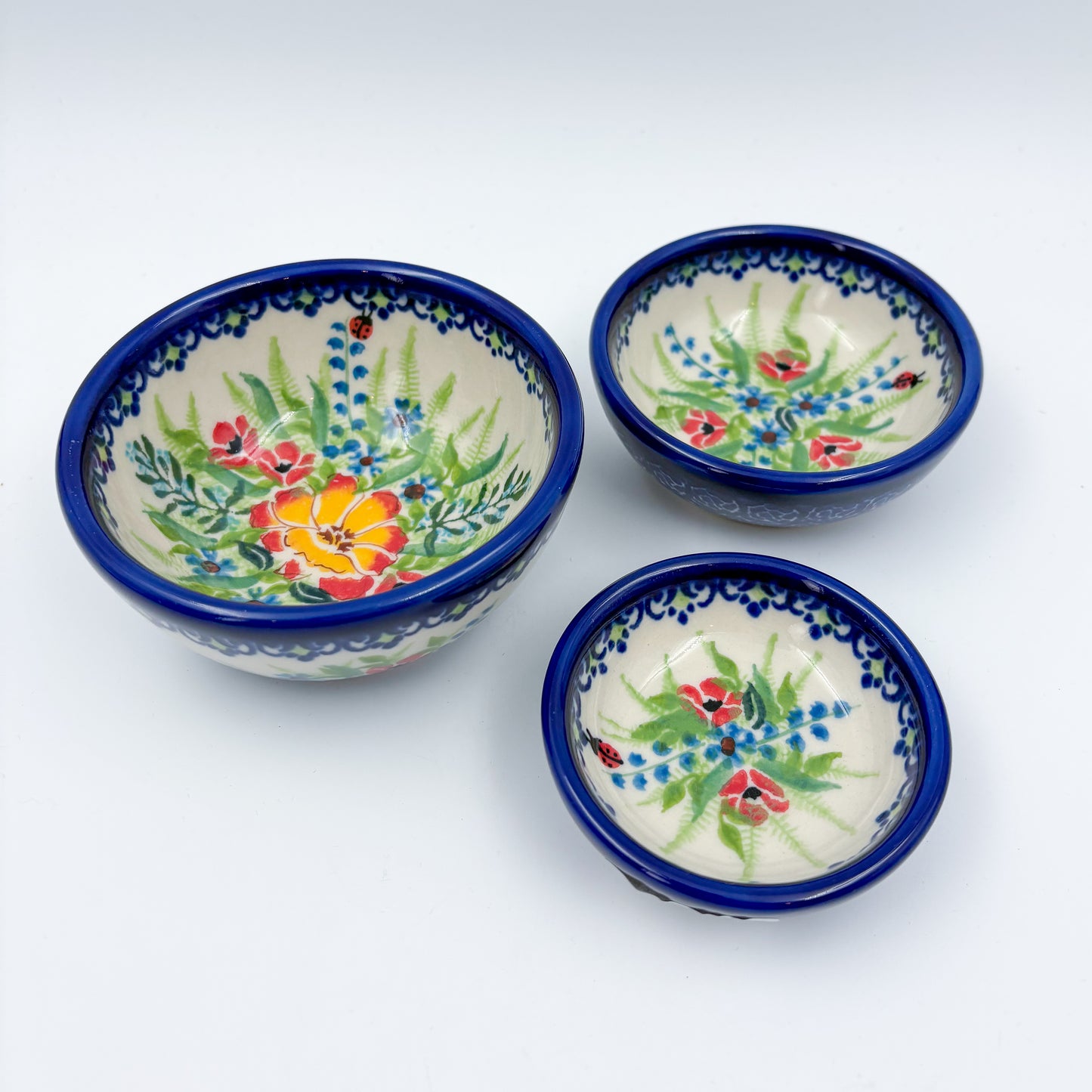 Small Set 3 stacking Bowls.  Hand crafted Polish pottery stoneware:  UNIKAT Ladybug Fields