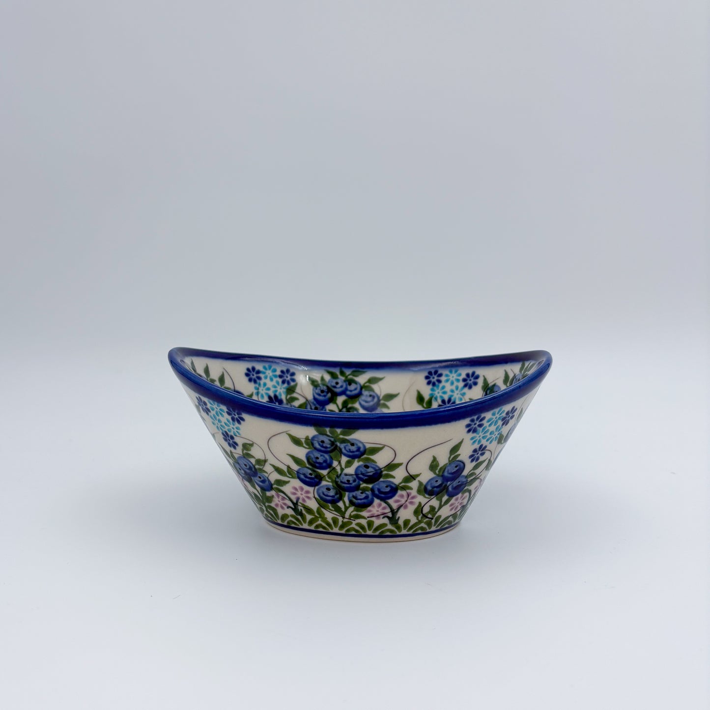 6” Oval Bowl.  Hand crafted Polish pottery stoneware:  Blueberry Design