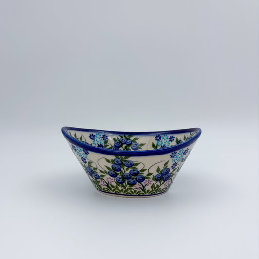 6” Oval Bowl.  Hand crafted Polish pottery stoneware:  Blueberry Design