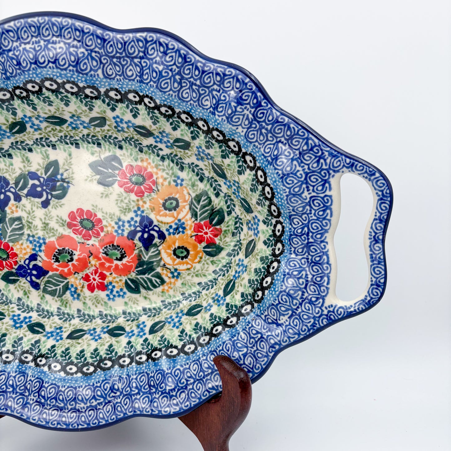 13" Platter with Handles handmade in Poland. Iris Meadow Design