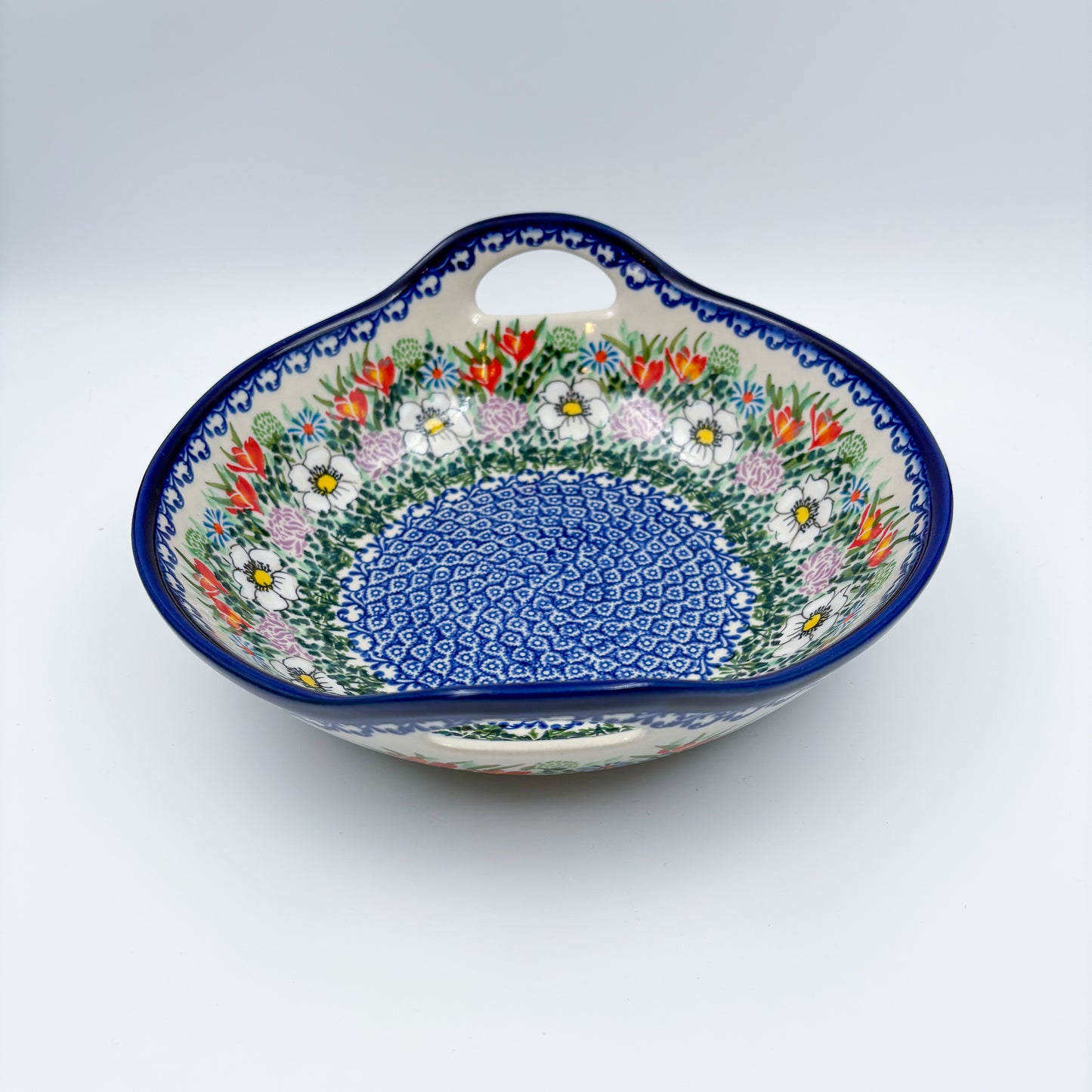 10" Bowl with Handles.  Hand crafted Polish pottery stoneware:  UNIKAT Cottage Garden