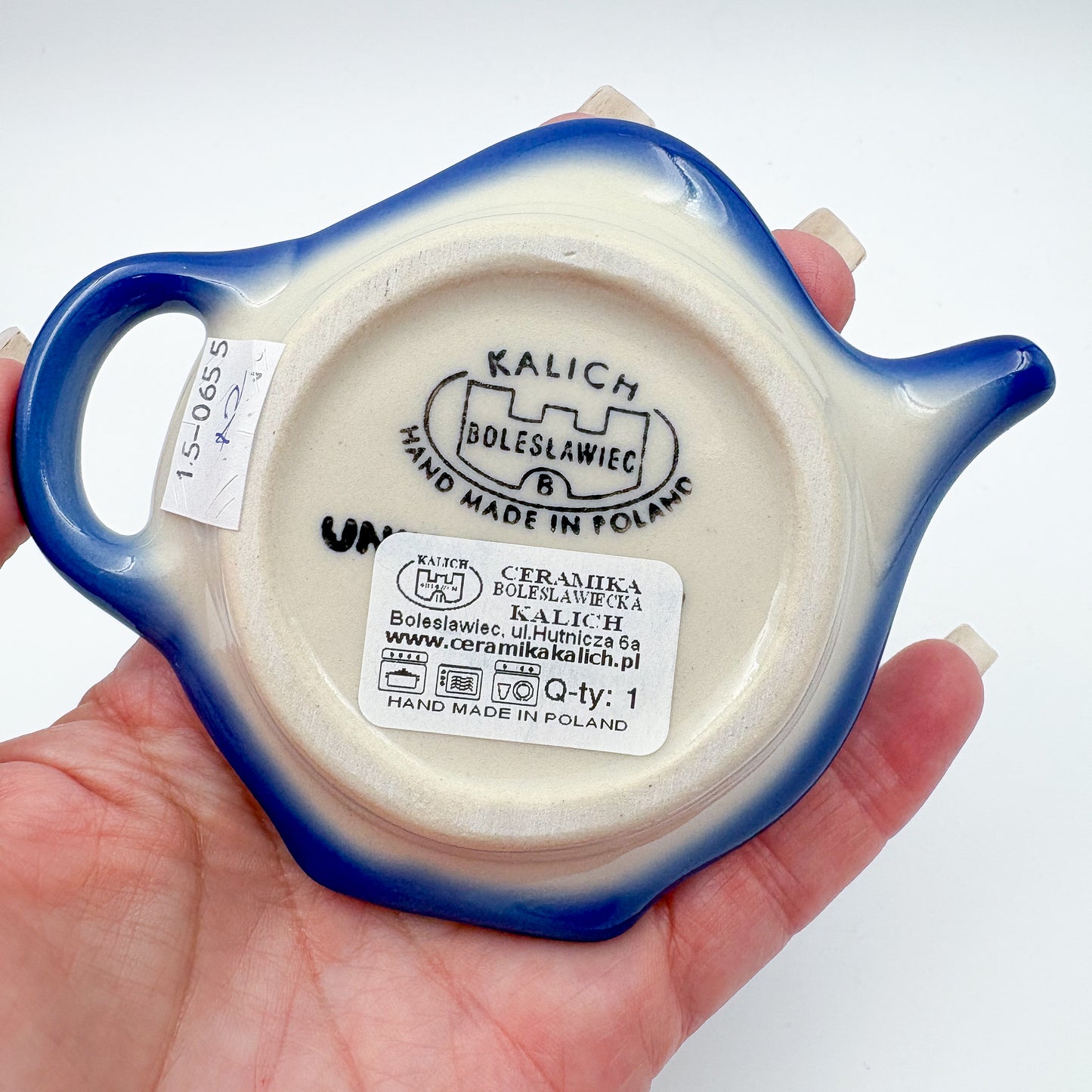 Teabag Holder.  Handmade Teapot Polish pottery.  UNIKAT Forget Me Not Pansy