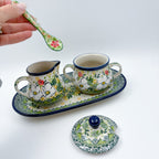 10" Cream and Sugar Set (with small spoon).  UNIKAT Hidden Pansy Design