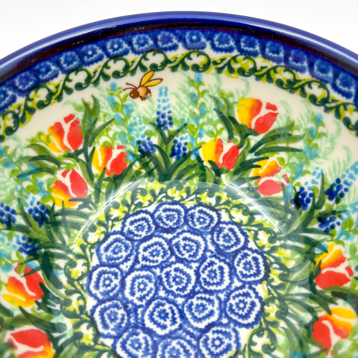 6” Bowl.  Hand crafted Polish pottery stoneware:  Tulips and Bees Design
