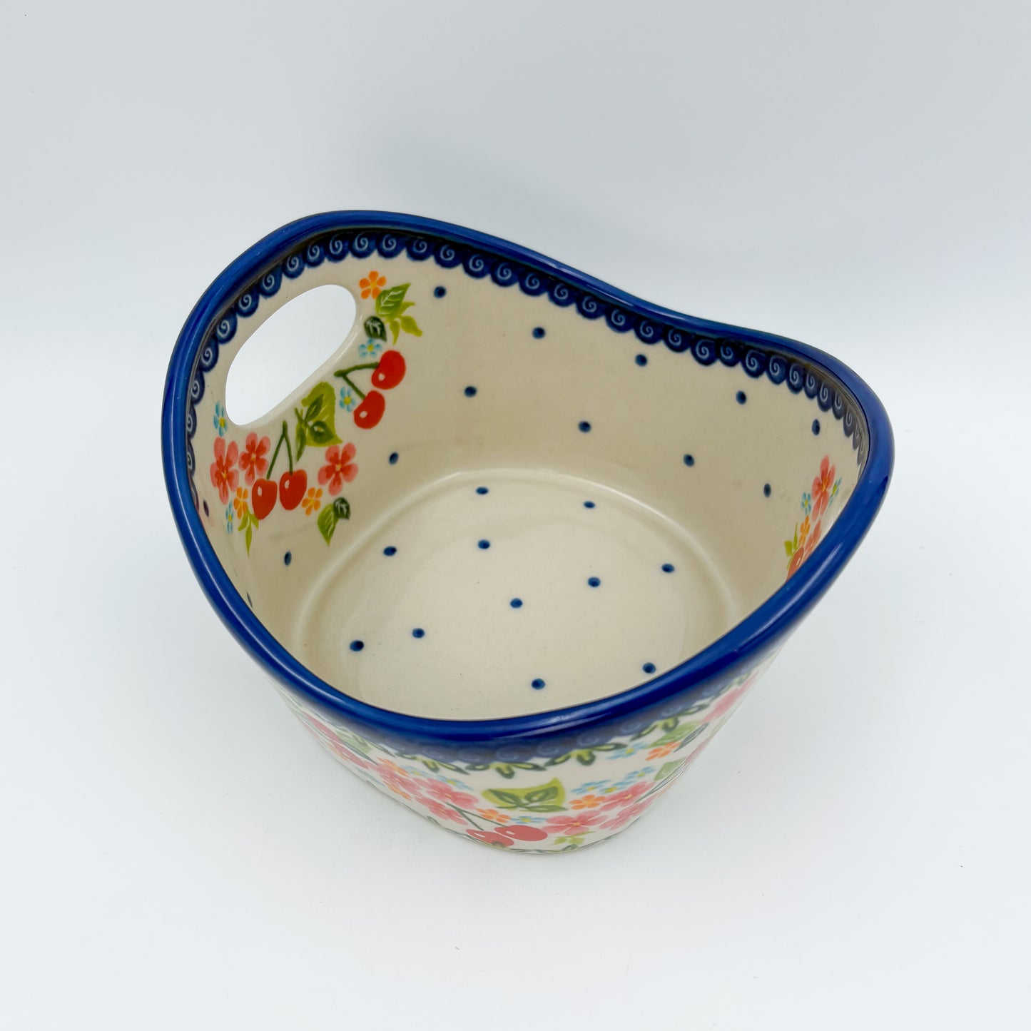 Basket Container Small.  Handmade Polish pottery.  UNIKAT Cherry Blossom Design