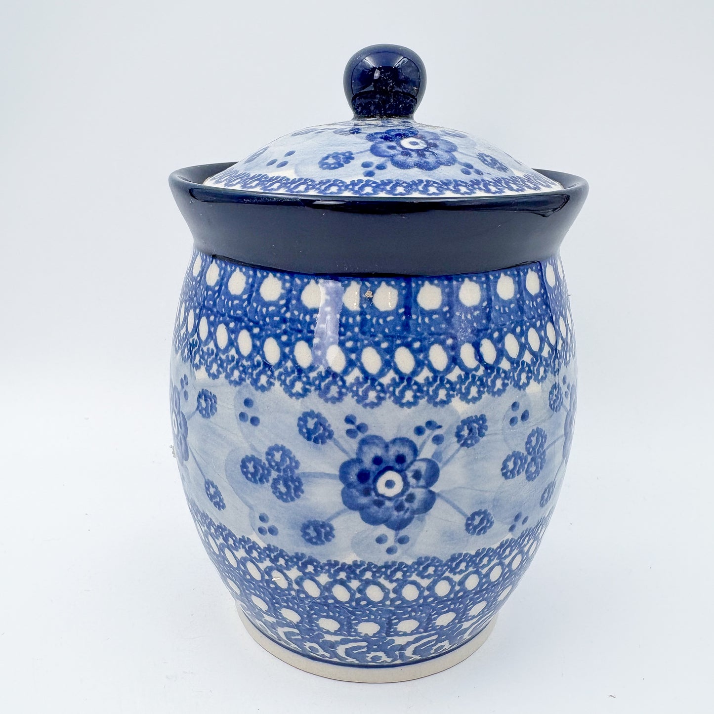 6" Lidded Jar.  Handmade Polish pottery.  UNIKAT Ble Poppy Design