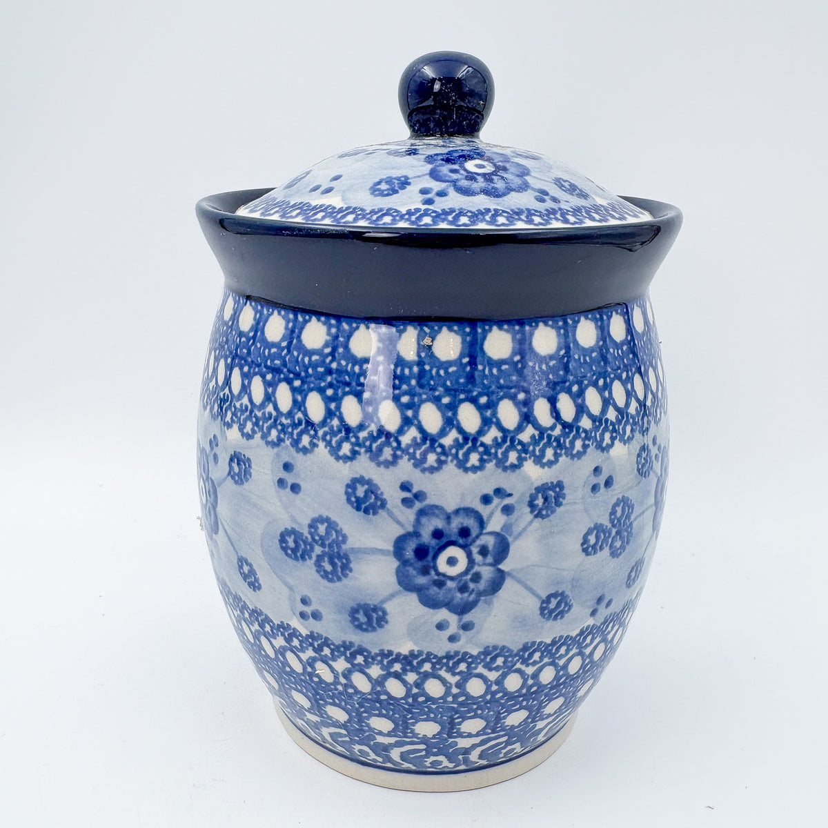 6" Lidded Jar.  Handmade Polish pottery.  UNIKAT Blue Poppy Design