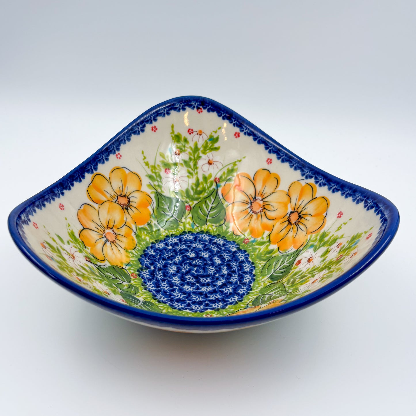 3 Point Bowl.  Hand crafted Polish pottery stoneware:  UNIKAT Orange Poppy Pattern
