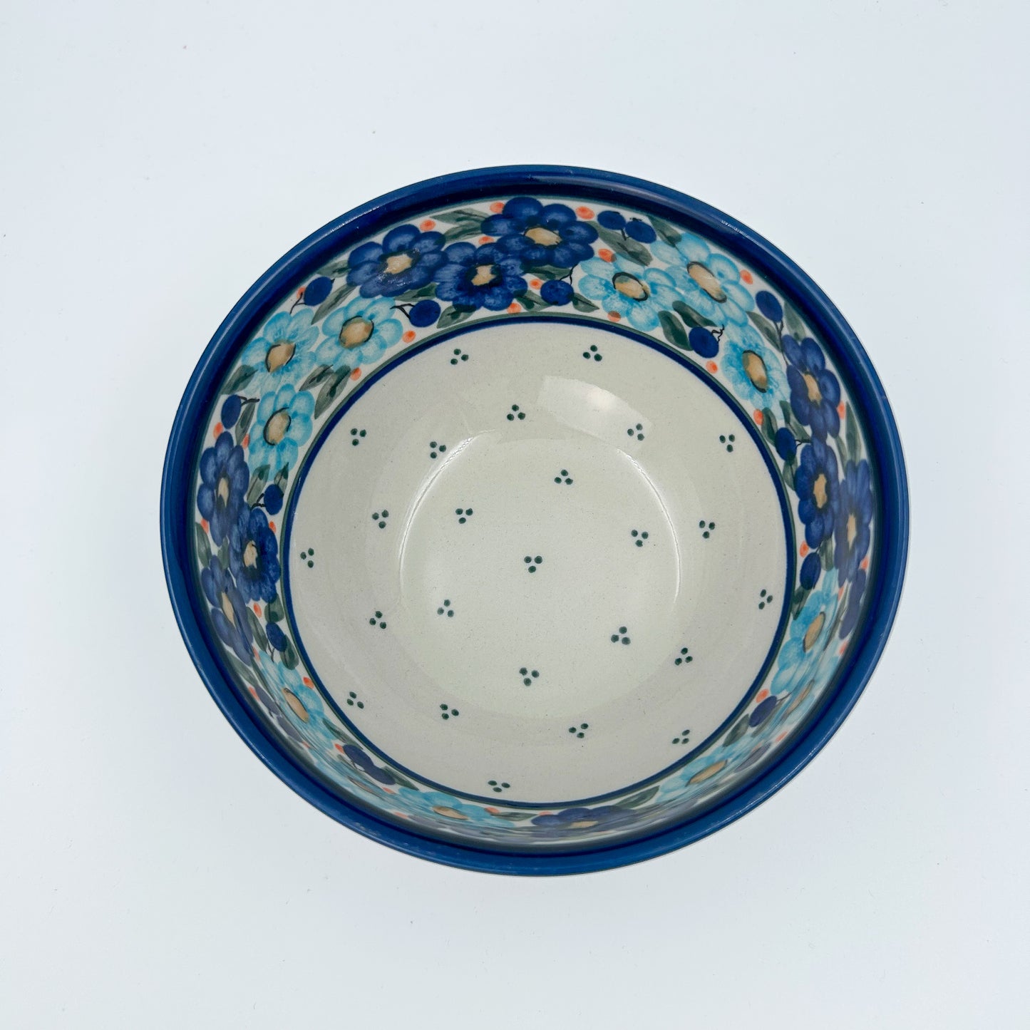 6.25” Deep Bowl.  Hand crafted Polish pottery stoneware:  Garden Party Blues