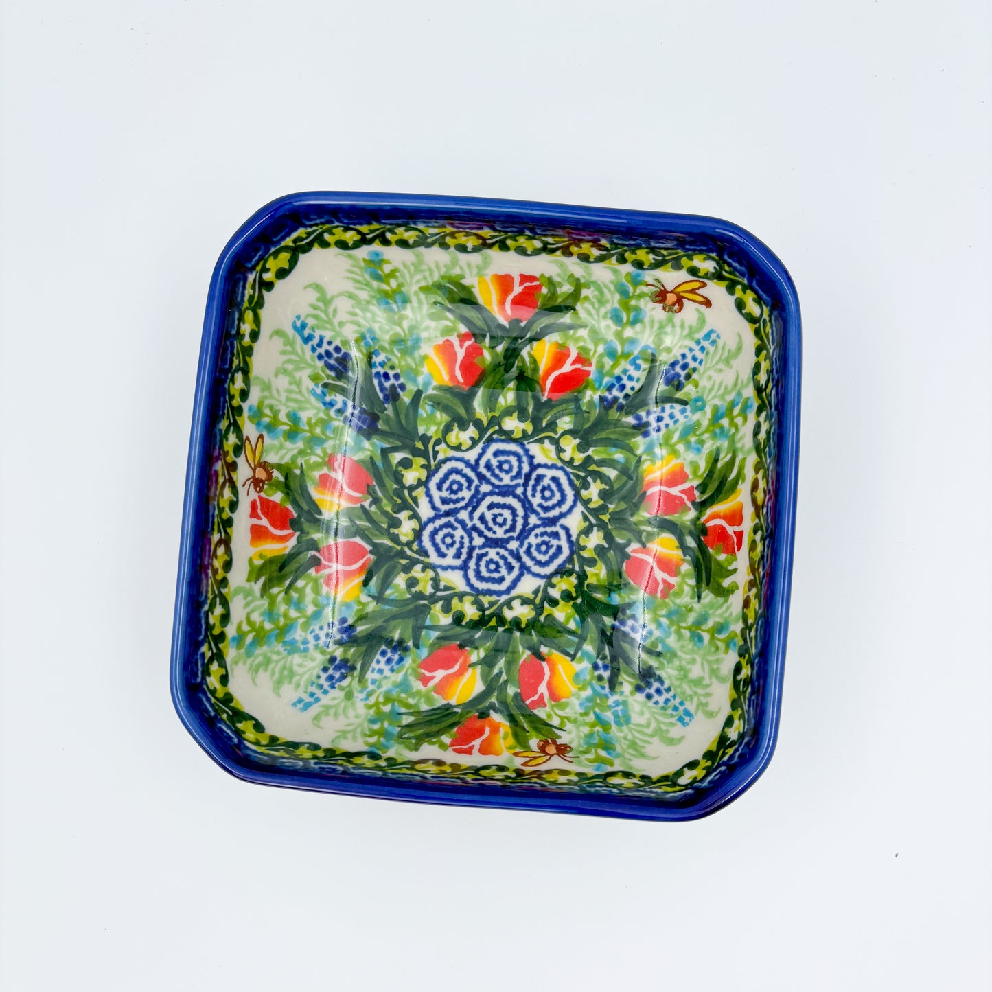 6” Square Bowl.  Hand crafted Polish pottery stoneware:   Unikat Tulips and Bees
