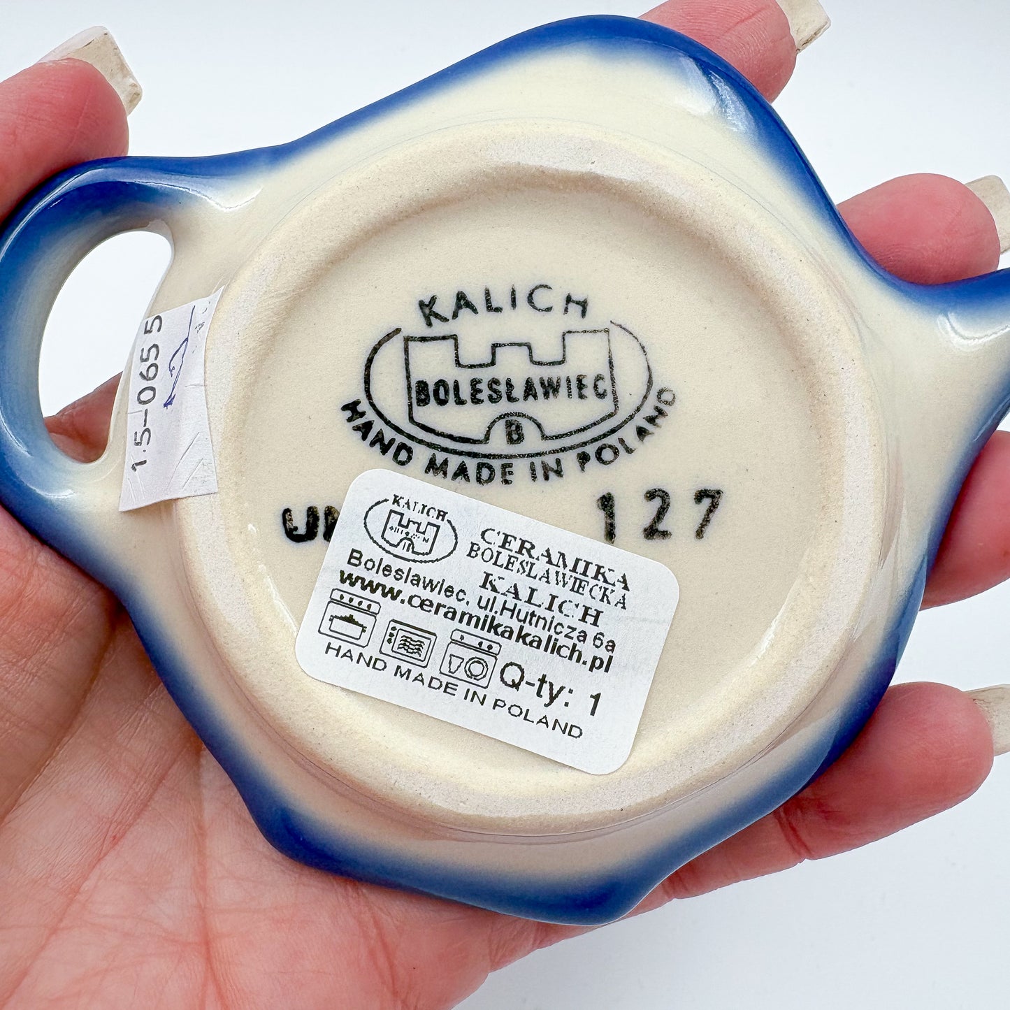 Teabag Holder.  Handmade Teapot Polish pottery.  UNIKAT Forget Me Not Pansy