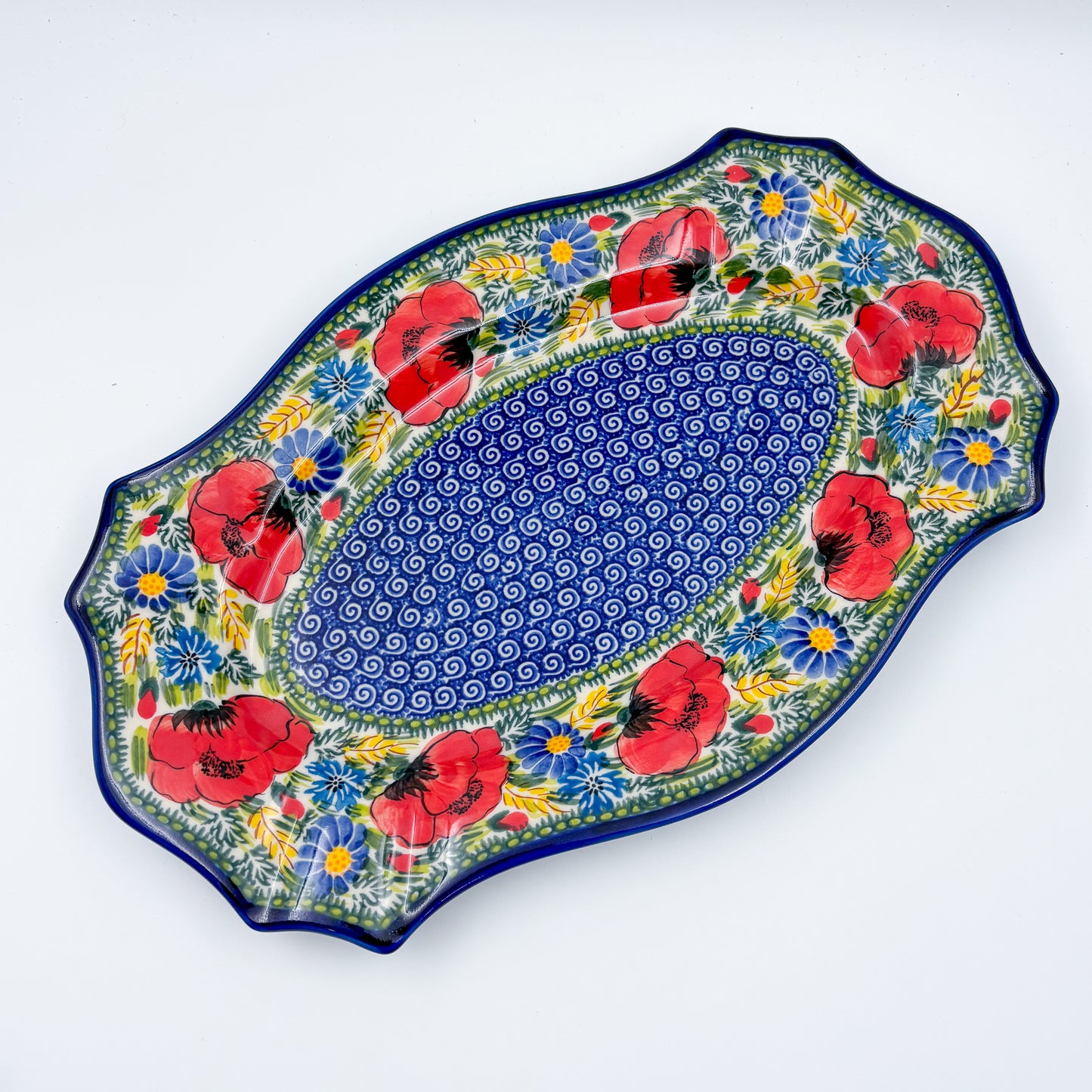 13" Cezar Platter.  Hand crafted Polish pottery stoneware: UNIKAT Poppy Garden Design.