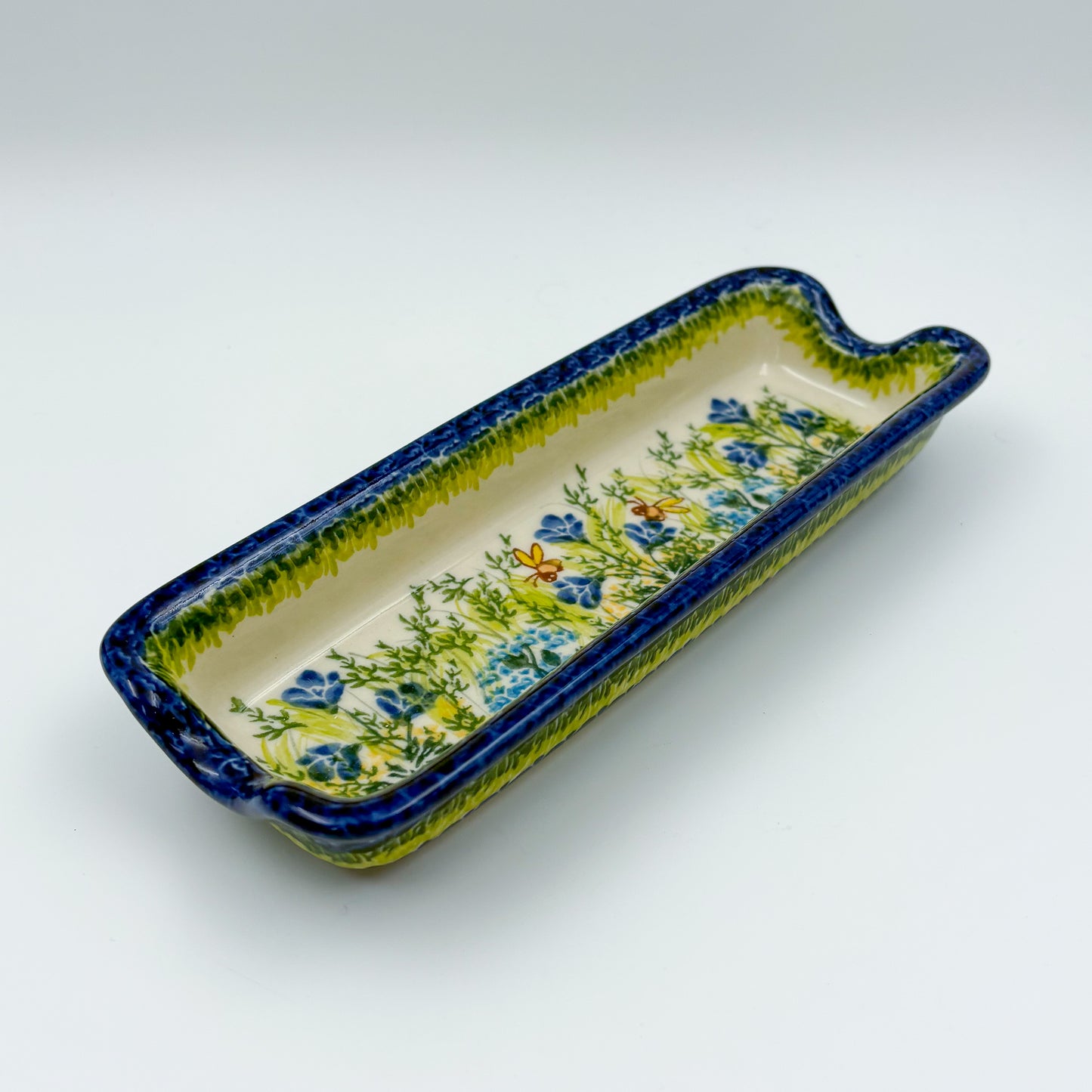 9" Corn Dish/Small Tray.  Hand crafted Polish pottery stoneware: UNIKAT Bluebell Meadow