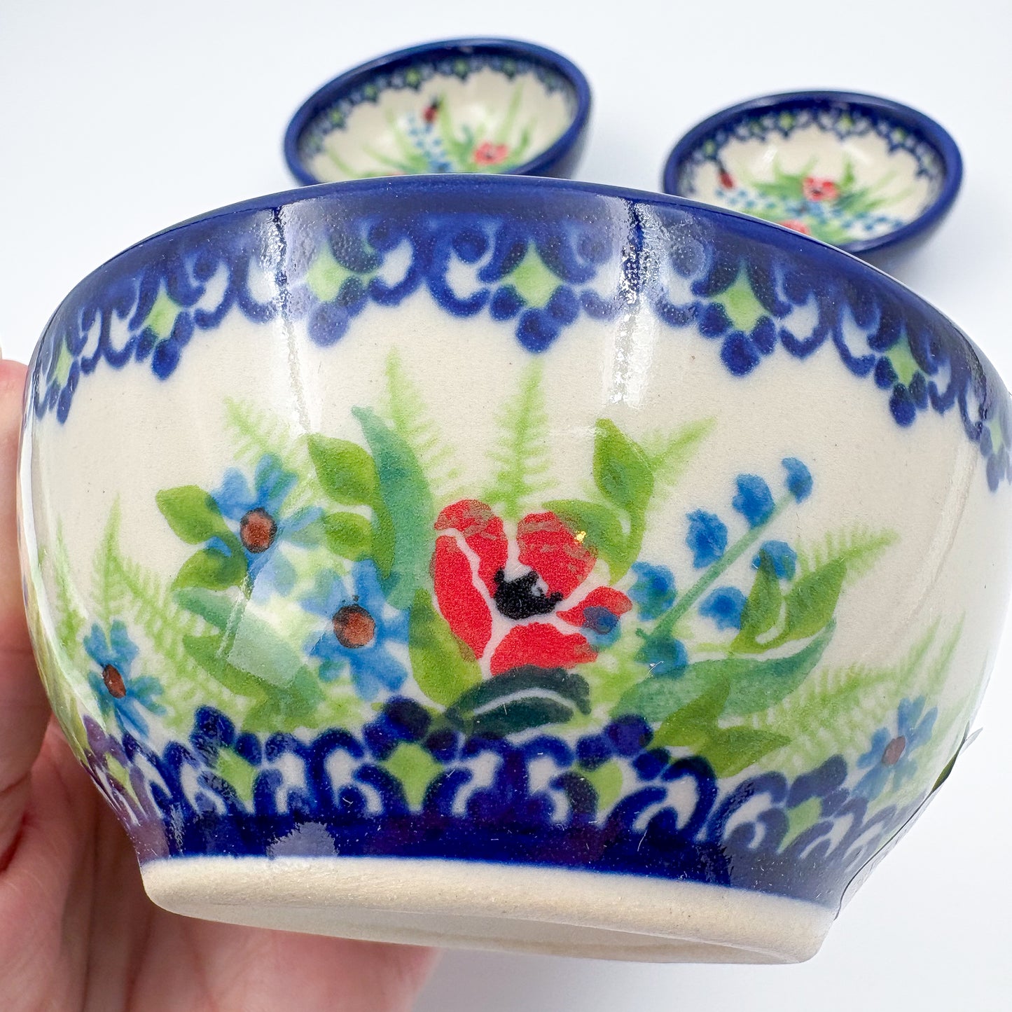 Small Set 3 stacking Bowls.  Hand crafted Polish pottery stoneware:  UNIKAT Ladybug Fields