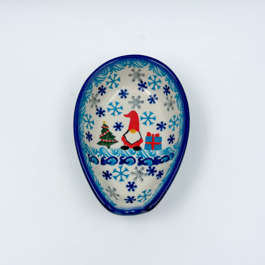Spoon Rest 5”.  Handmade Polish pottery.  UNIKAT Winter Gnome Design