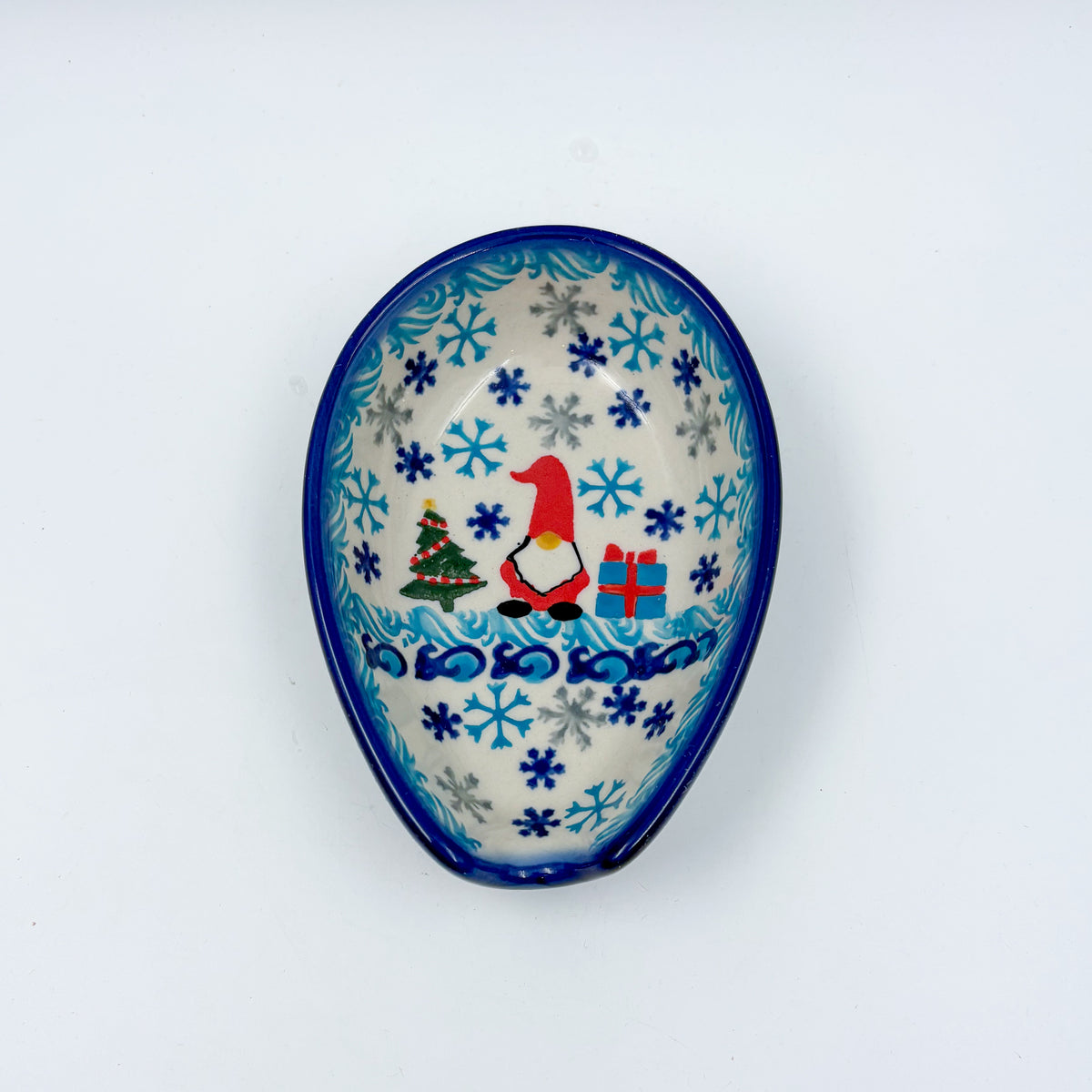 Spoon Rest 5”.  Handmade Polish pottery.  UNIKAT Winter Gnome Design