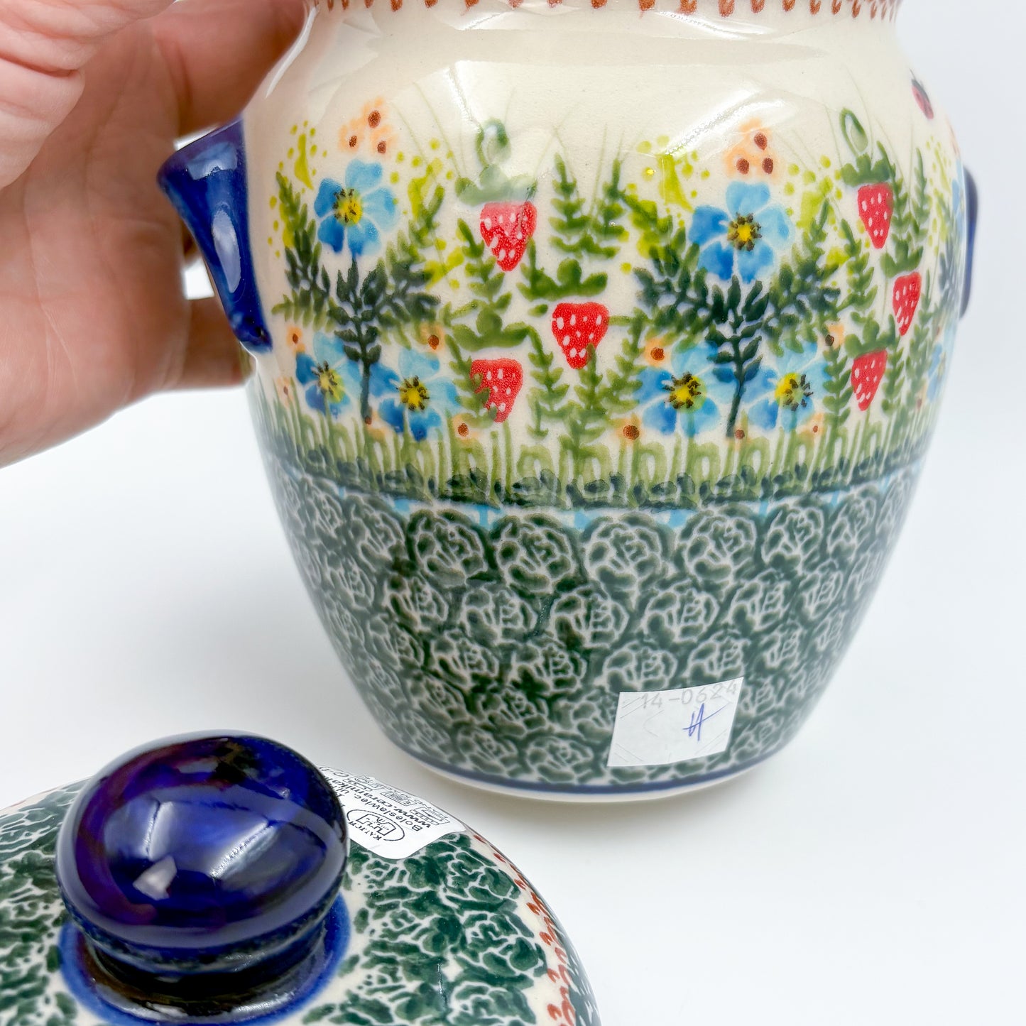 7" Lidded Jar.  Handmade Polish pottery.  UNIKAT Strawberry Fields