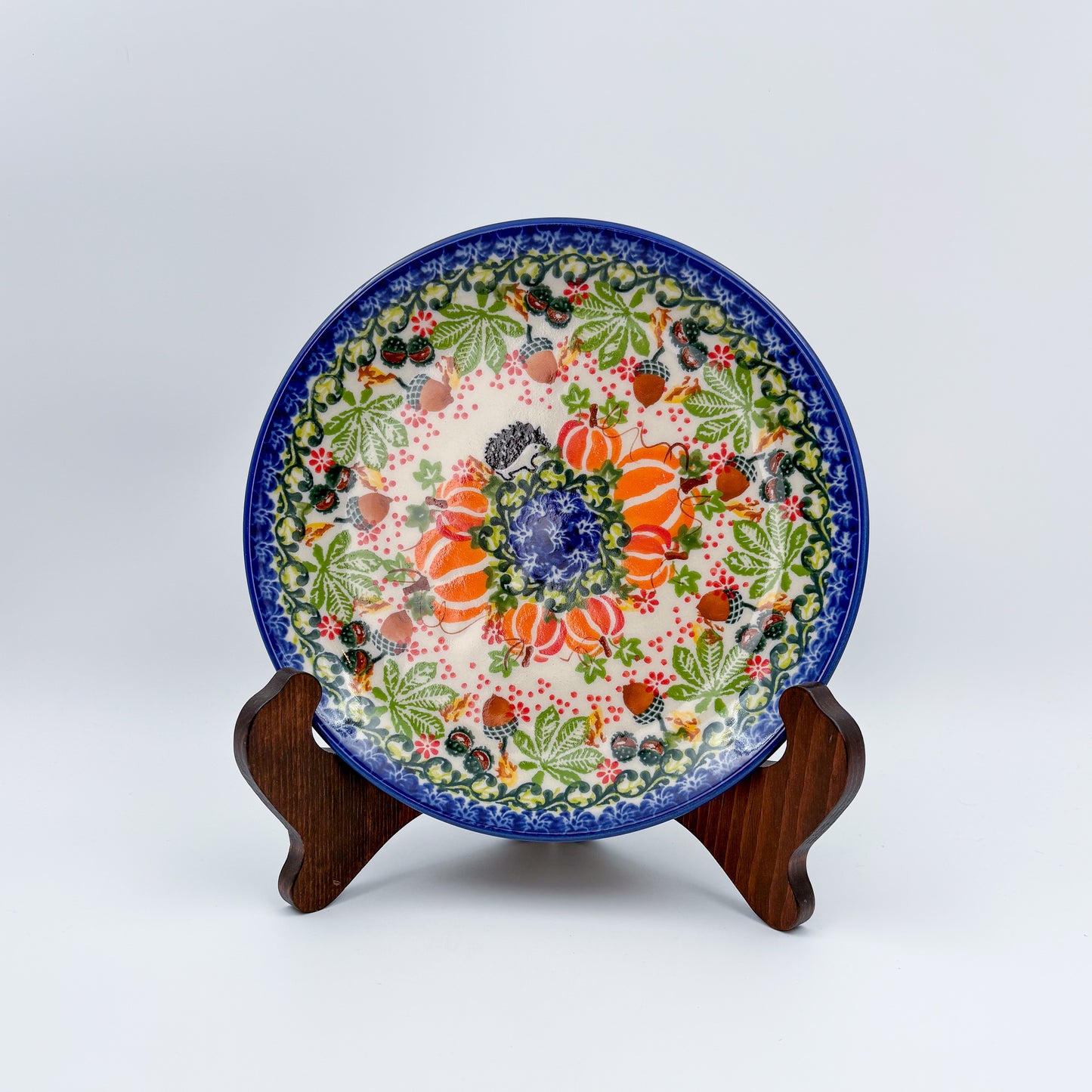 7.75” Plate.  Hand crafted Polish pottery stoneware: UNIKAT Hedgehogs and Pumpkins