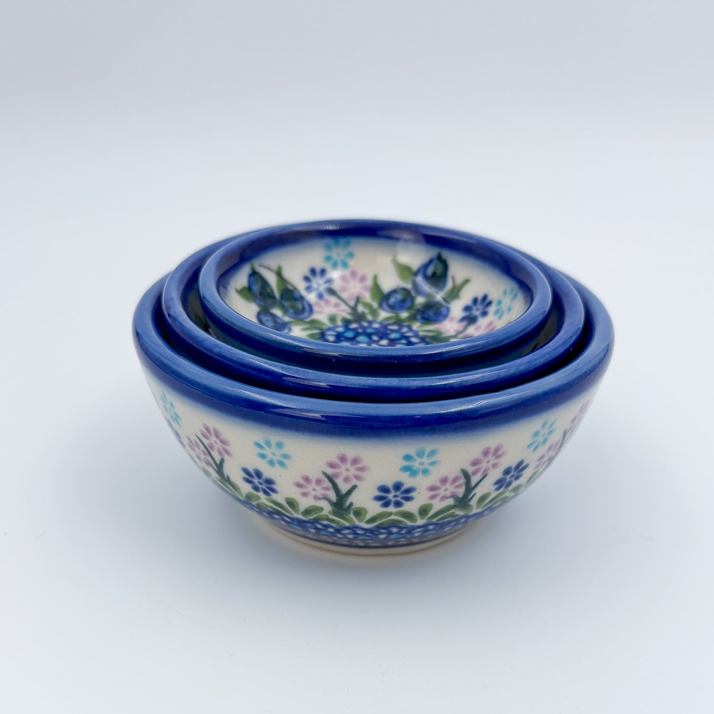 Small Set 3 stacking Bowls.  Hand crafted Polish pottery stoneware:  Blueberry Design