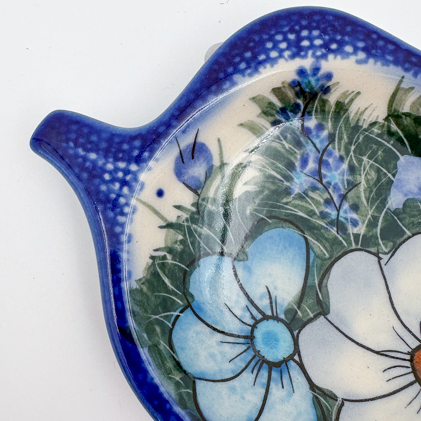Teabag Rest Holder.  Handmade Polish pottery.  UNIKAT Forget Me Not Pansy
