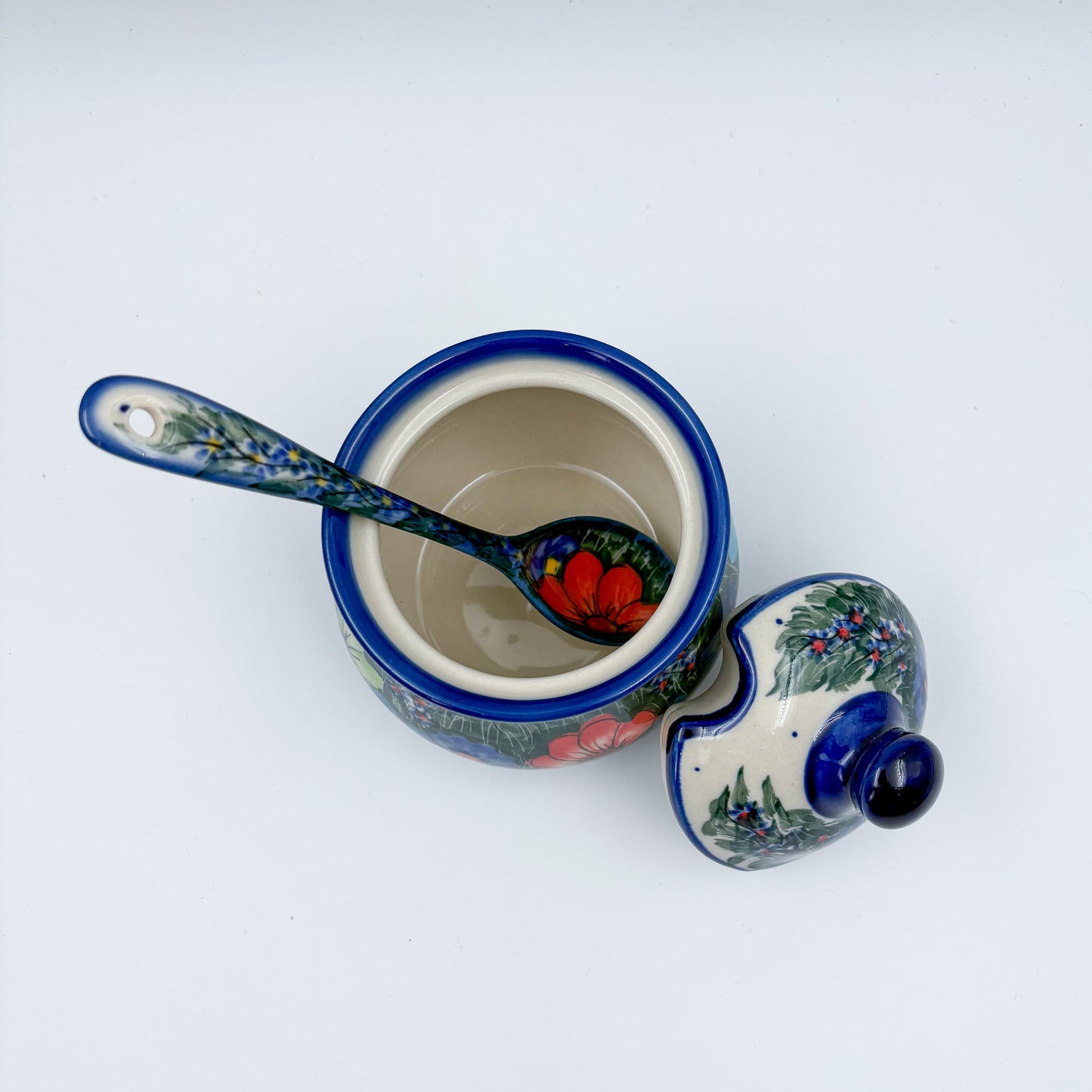 Sugar Bowl and spoon.  UNIKAT Forget Me Knot Pansy Pattern