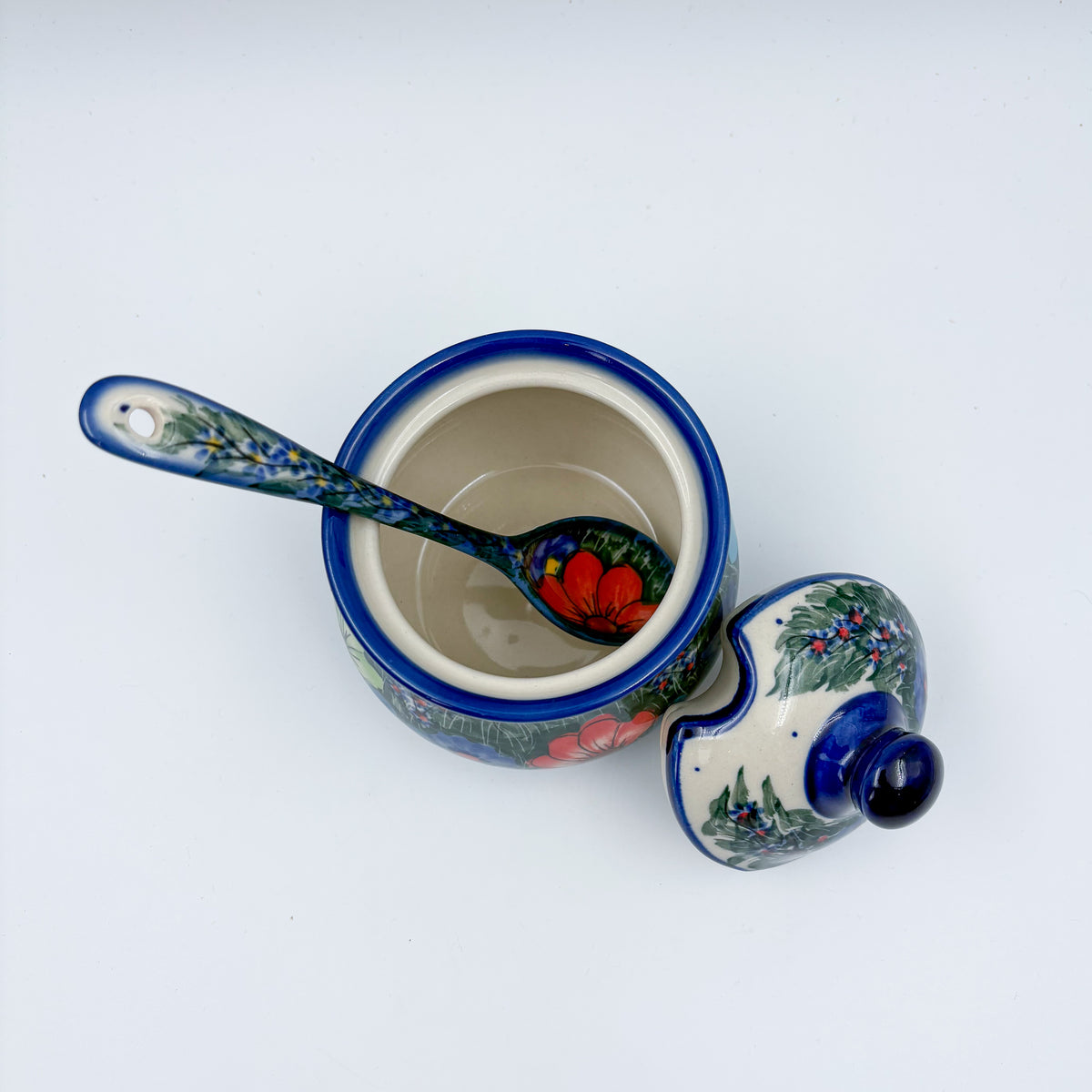 Sugar Jar with spoon.  UNIKAT Forget Me Not Pansy Pattern