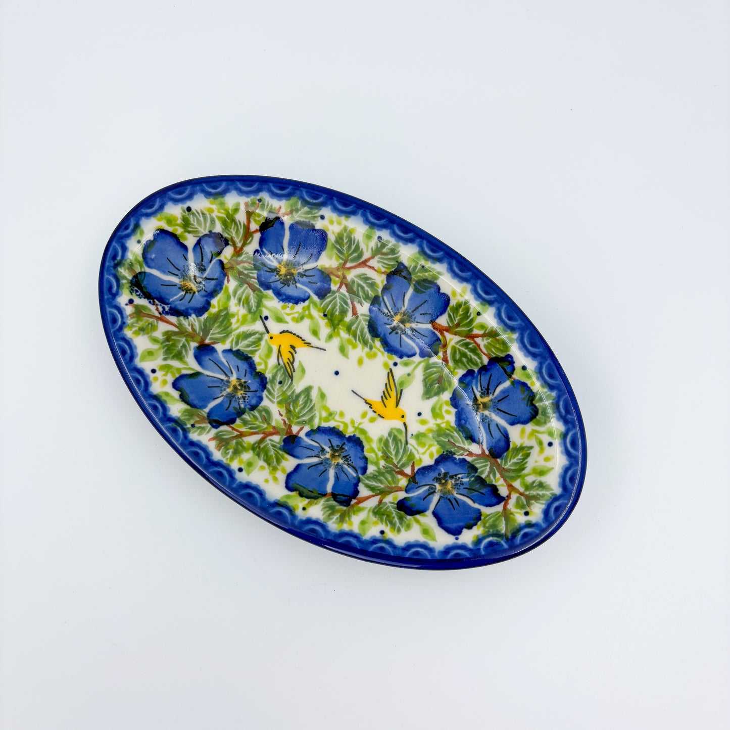 7" Oval Milano Platter  Hand crafted Polish pottery stoneware: UNIKAT Blue Poppy Songbird