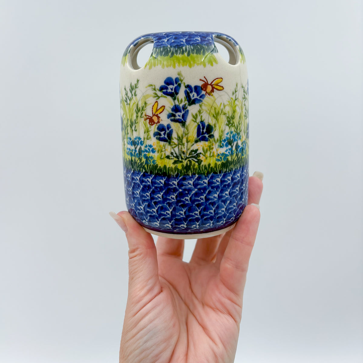 5” Toothbrush/Makeup Holder.  Hand crafted Polish pottery stoneware: UNIKAT Bluebell Meadow Design