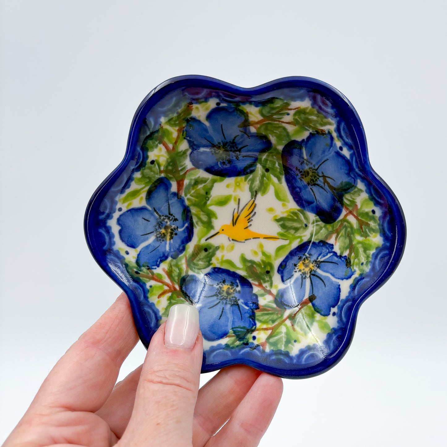 5” Bowl Flower.  Hand crafted Polish pottery stoneware:  UNIKAT Blue Poppy Songbird pattern