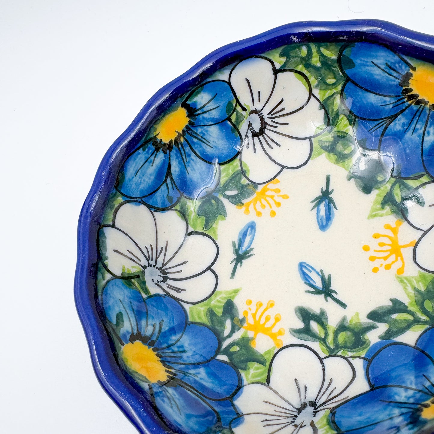 5” Scalloped Bowl.  Hand crafted Polish pottery stoneware:  UNIKAT Blue Petal Dance