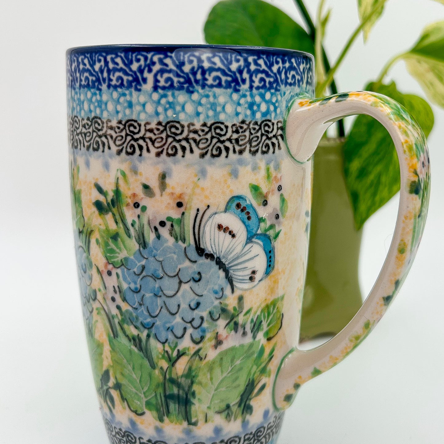 Latte Mug. Handcrafted Polish pottery stoneware: UNIKAT Blue Hydrangea