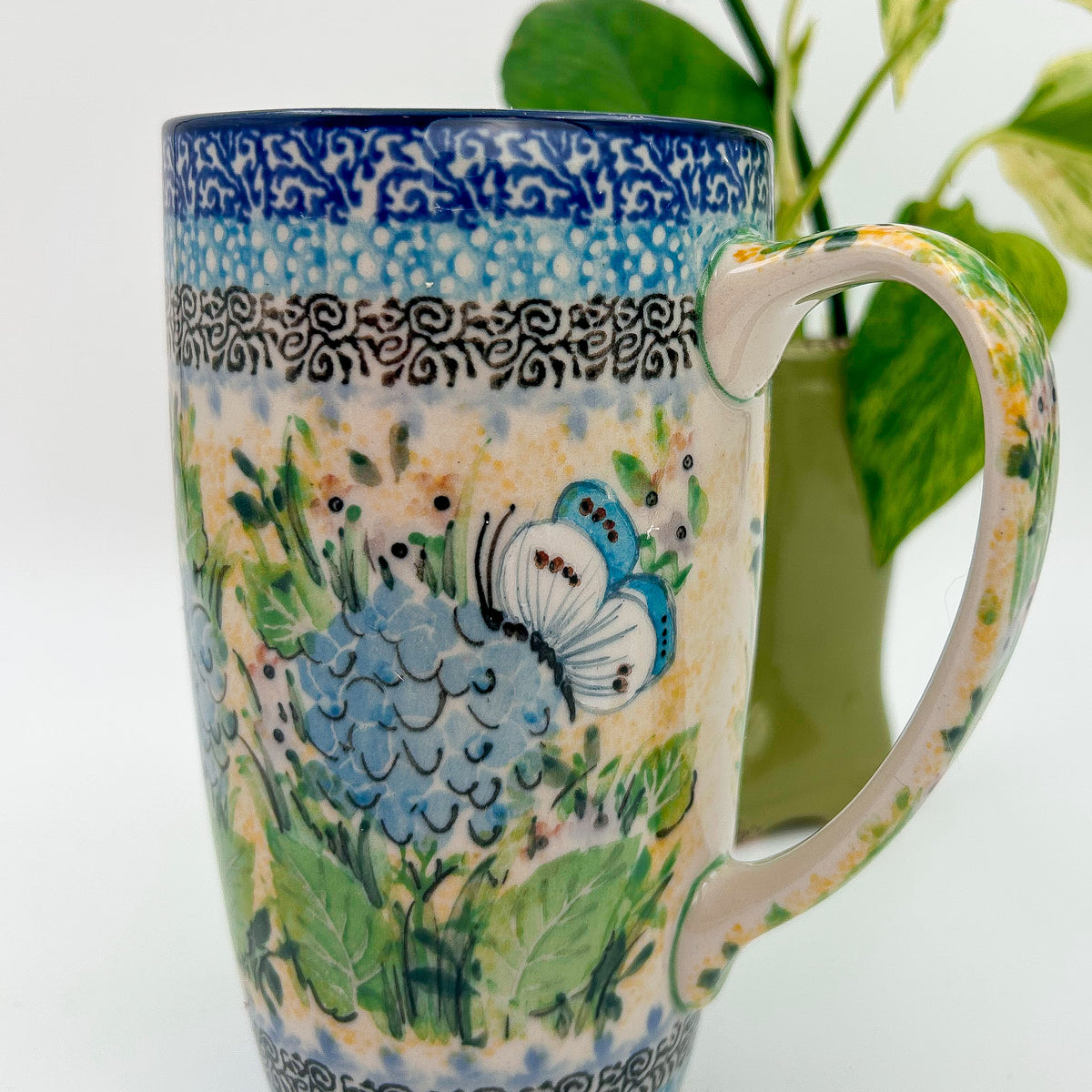 Latte Mug. Handcrafted Polish pottery stoneware: UNIKAT Blue Hydrangea