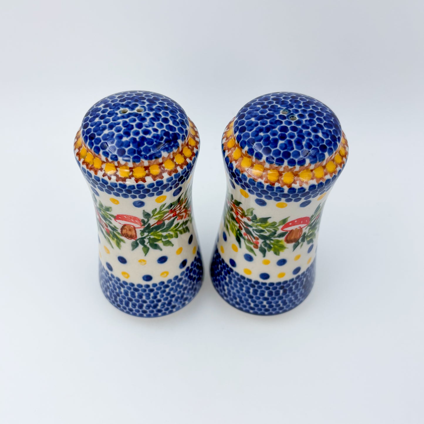 5” Salt and Pepper Shakers.  Handmade Polish pottery.  UNIKAT Mushrooms